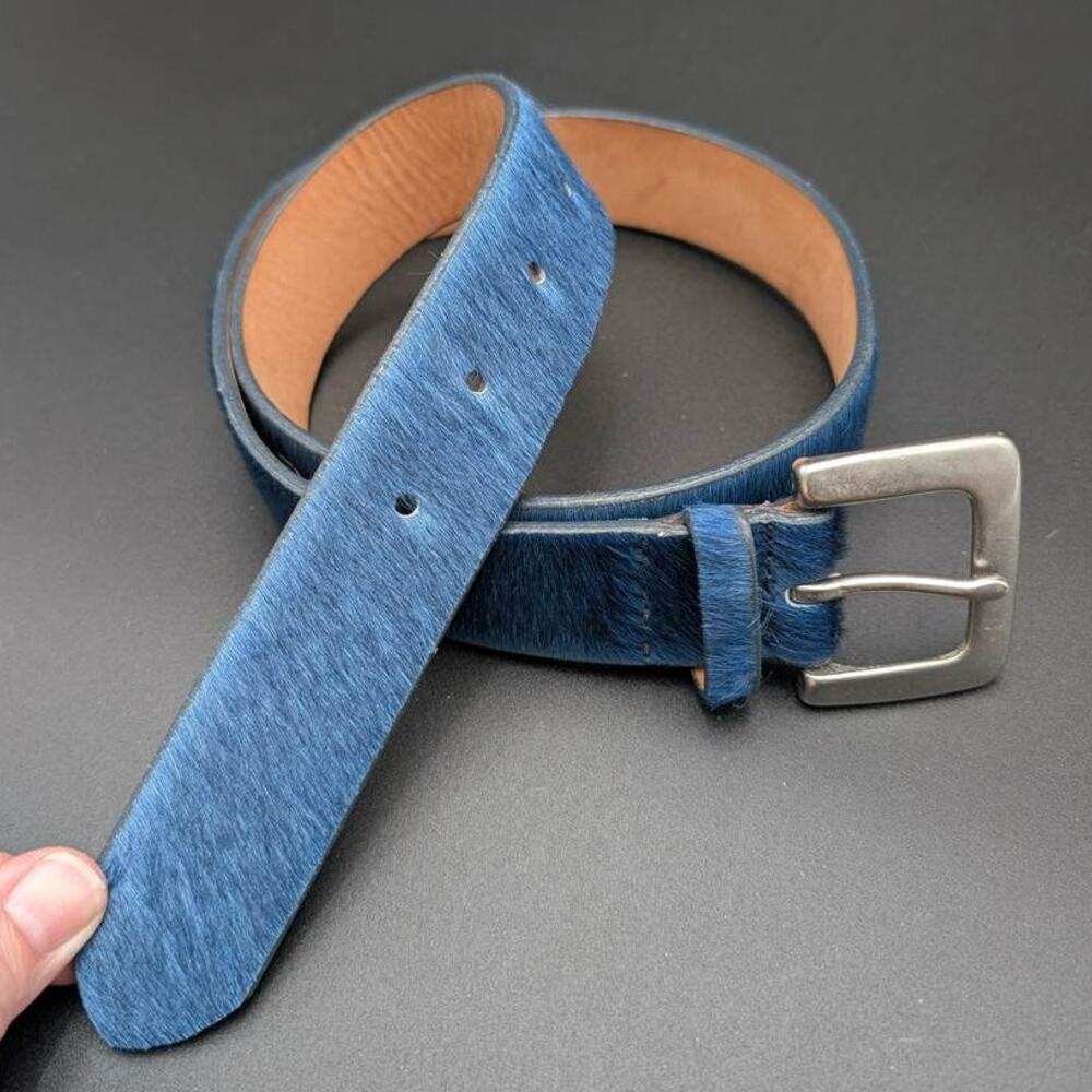 GAP Belt Womens Small Blue Leather Brass Buckle Hair Fur Made in USA Vtg 1990s